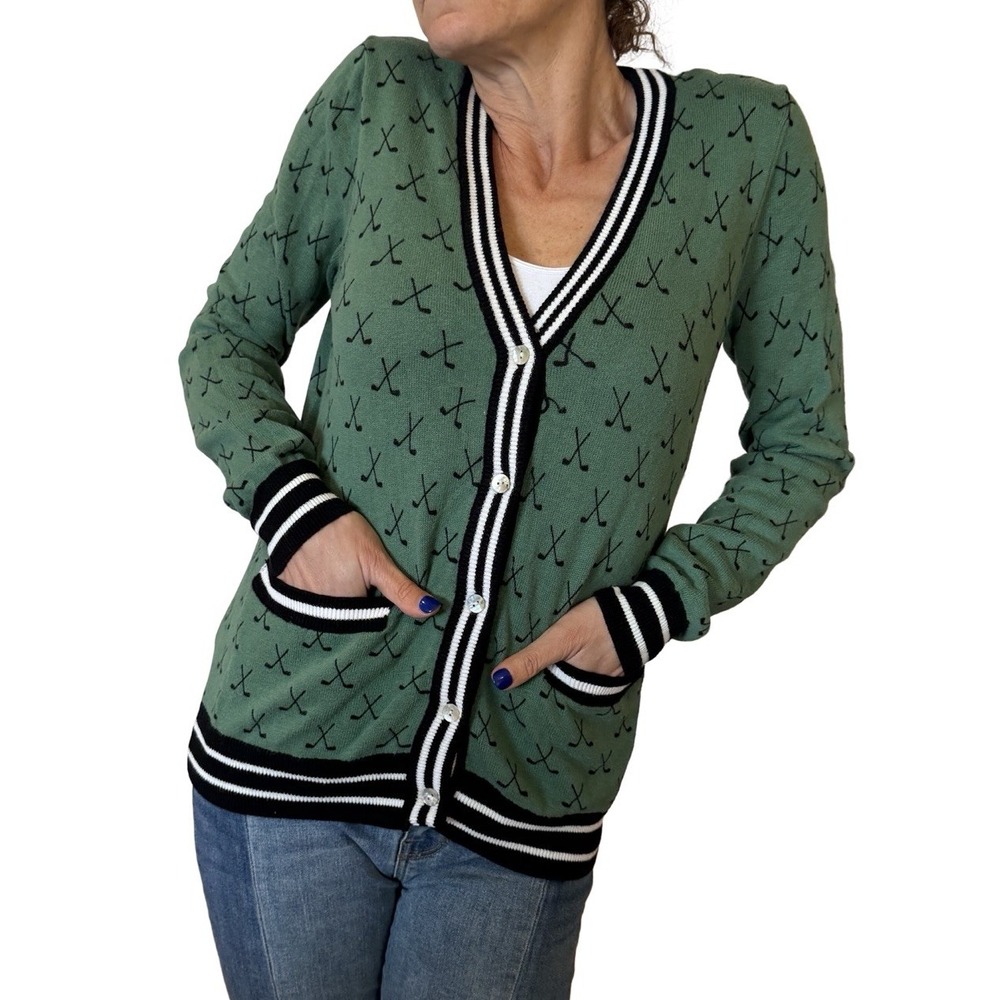 Minnie Rose Tennis Club Print Cardigan Sweater  Golf Green Cotton Cashmere S - Picture 8 of 15